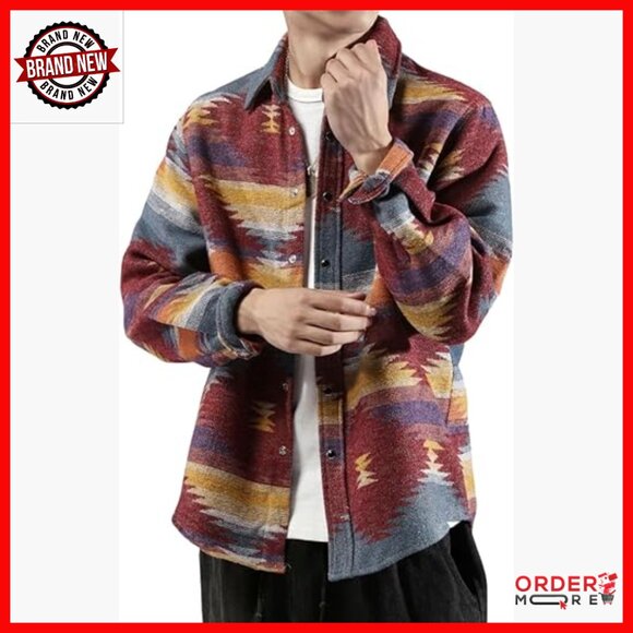 Men's Brushed Flannel Button-Down Shirt Aztec Print Shacket Classic Fit